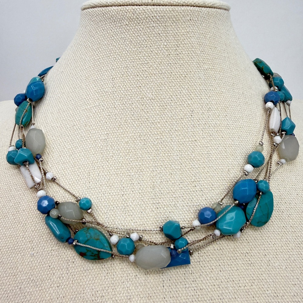 Liz Claiborne Multi Strand Beaded‎ Necklace Silver Tone Blue Bib